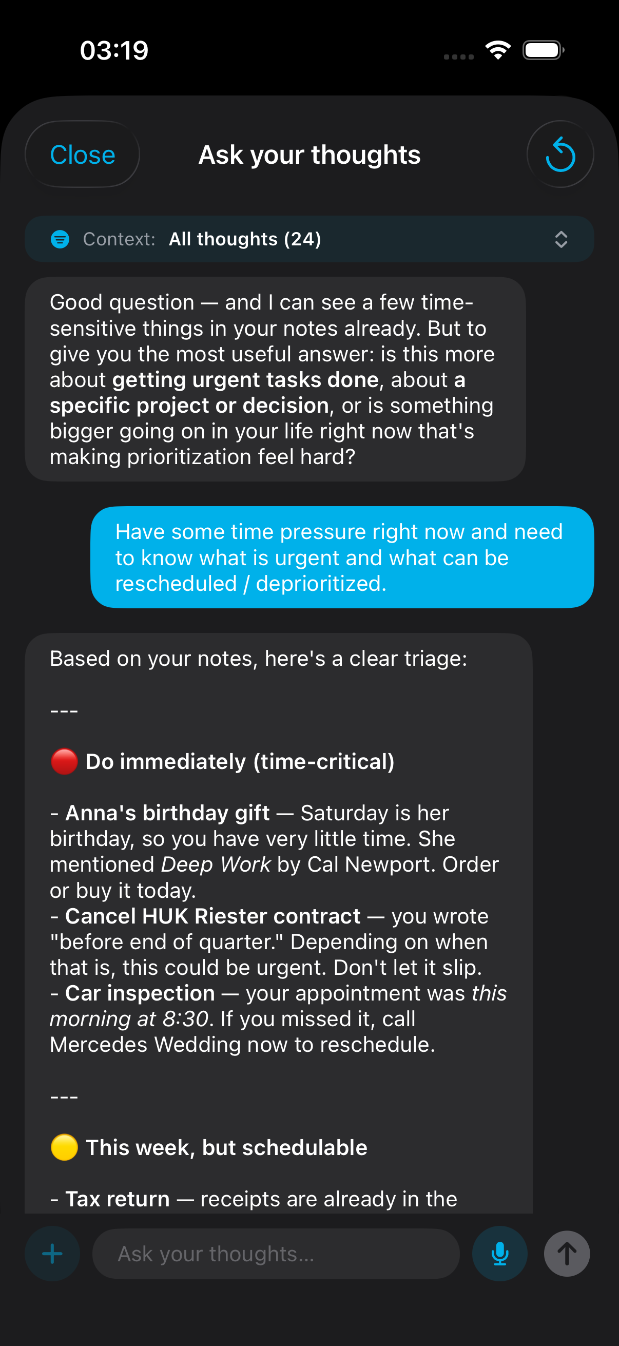 AI chatbot answering a question from your own thoughts