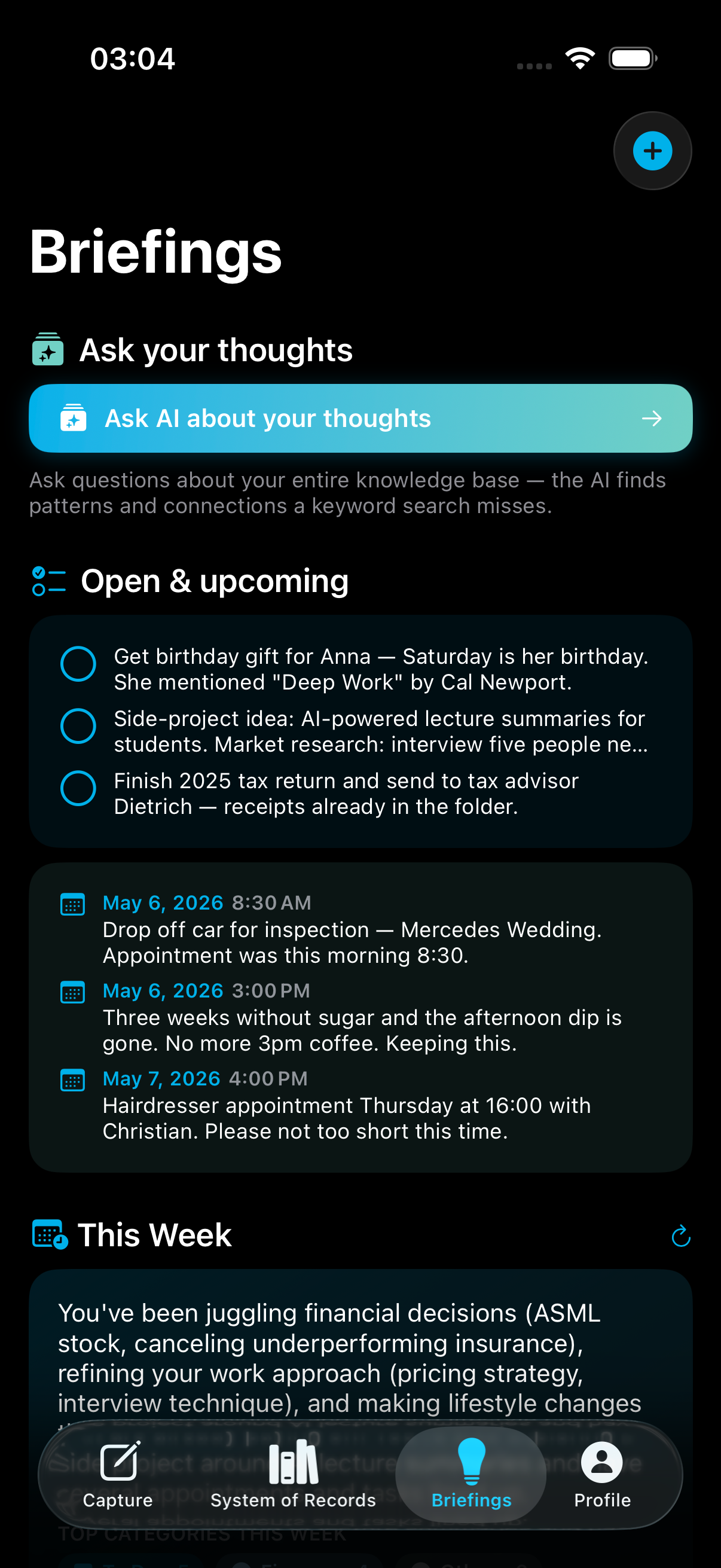 Briefings — weekly digest and group insights