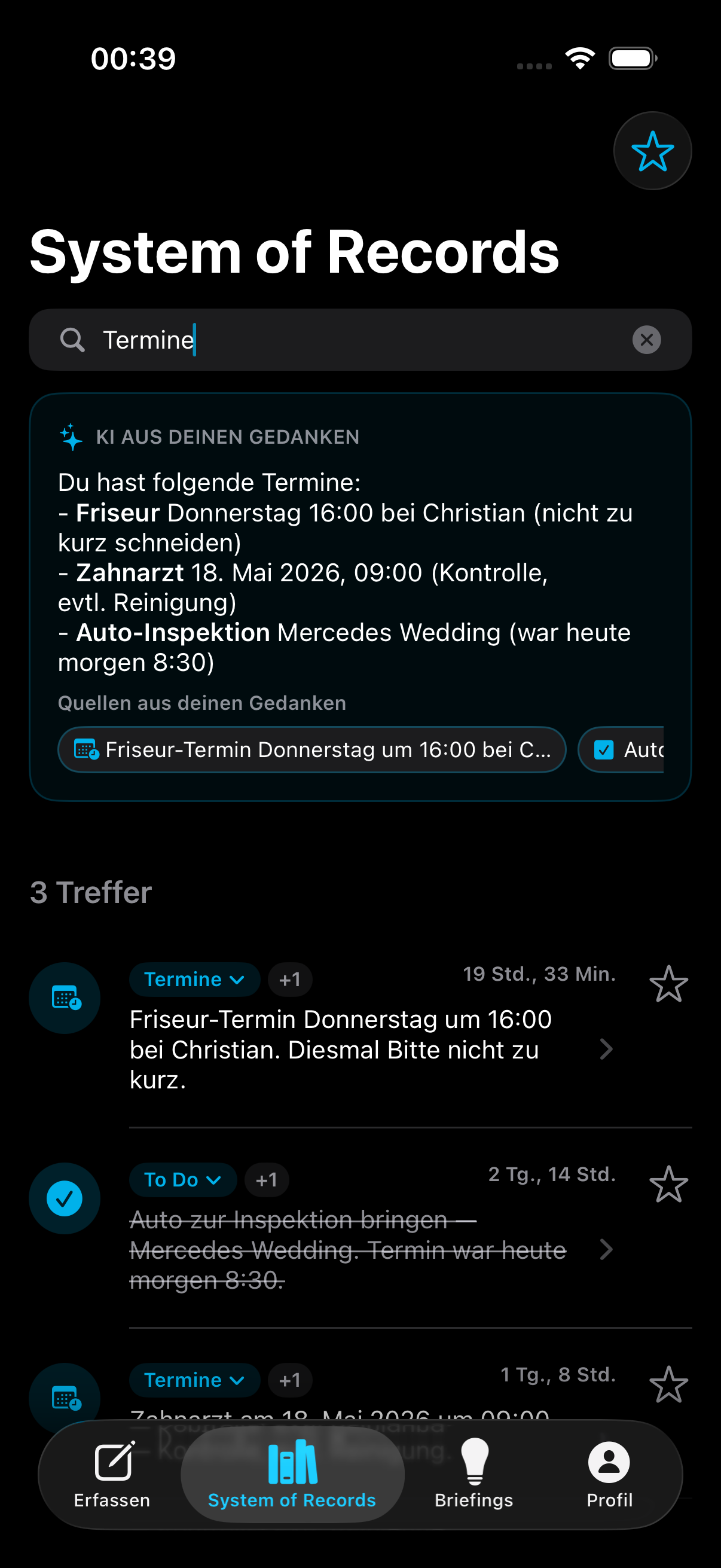 KI-Suche — findet Termine und Antworten aus deinen Gedanken